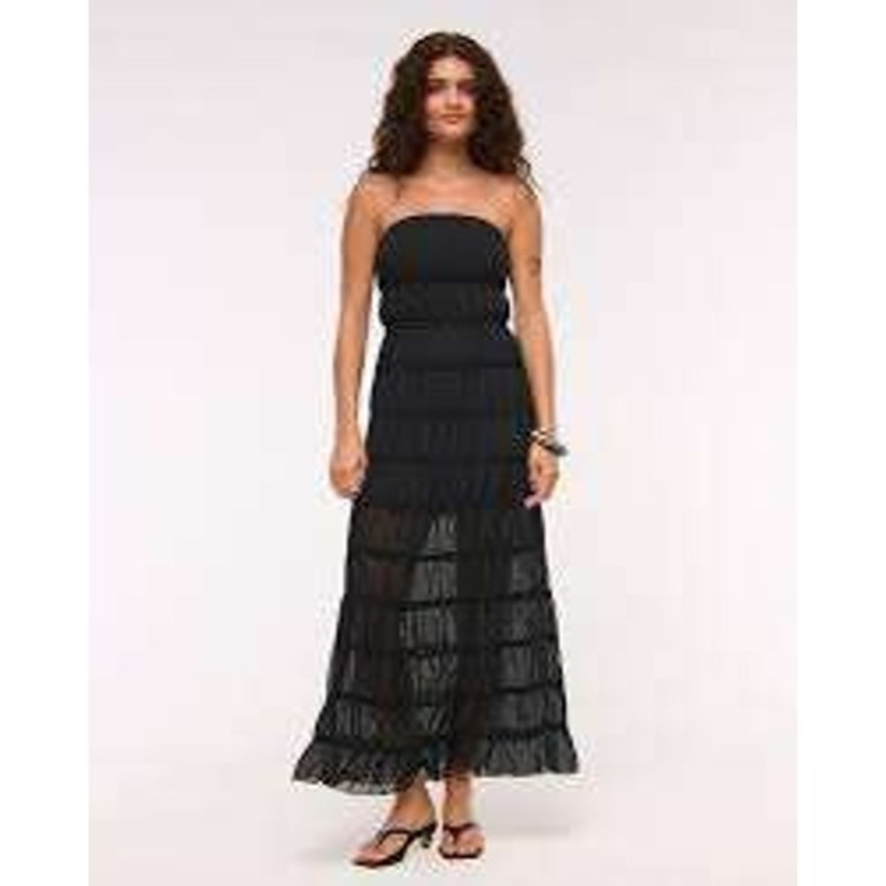 Abercrombie & Fitch Black Strapless Ruched Tiered Maxi Dress Solid Chiffon L